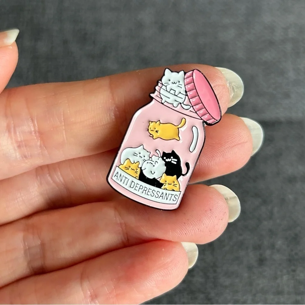Fun, Kawaii Style ANTIDEPRESSANTS Cat Brooch Pin, Pink, Black, Gold, White